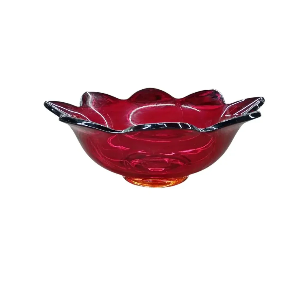 Vintage Fenton Ruby Red Amberina Tulip 8 Petal Flower Glass Bowl